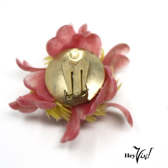 Vintage Pink Plastic Flower Clip On Earrings - 3D Fun & Fancy Blossoms - Hey Viv - Picture 2 of 4